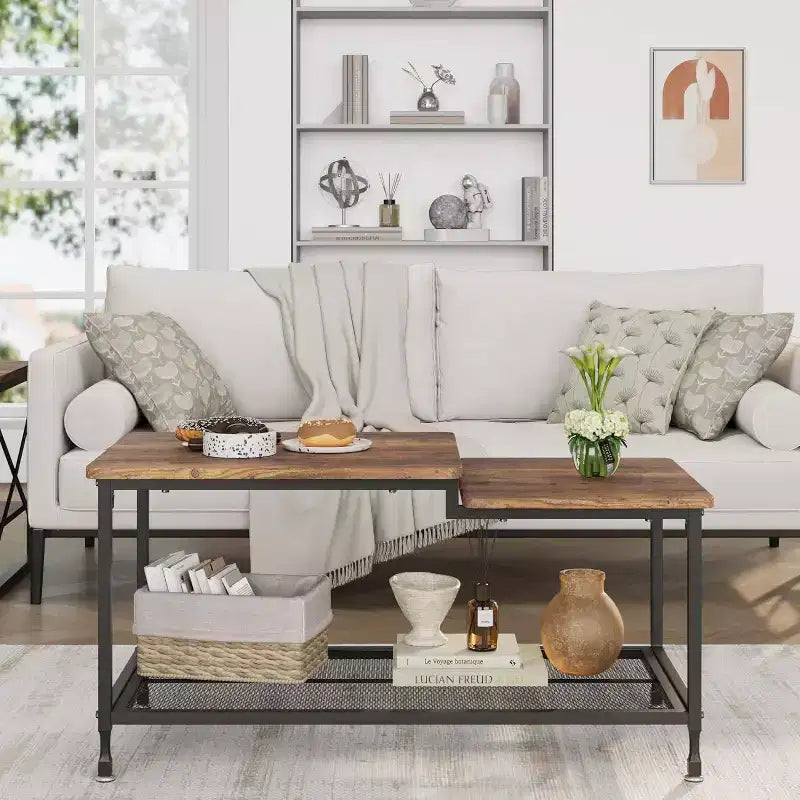 Industrial Coffee Table 2-Tier Rectangle Storage Cocktail Table Living Room Table with Mesh Shelf Metal Frame Sturdy Coffee Table, Rustic Brown
