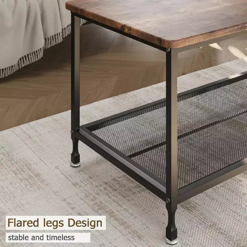 Industrial Coffee Table 2-Tier Rectangle Storage Cocktail Table Living Room Table with Mesh Shelf Metal Frame Sturdy Coffee Table, Rustic Brown