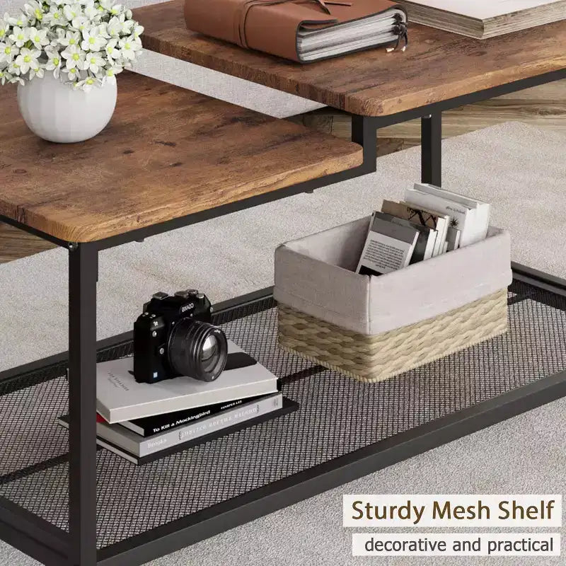 Industrial Coffee Table 2-Tier Rectangle Storage Cocktail Table Living Room Table with Mesh Shelf Metal Frame Sturdy Coffee Table, Rustic Brown