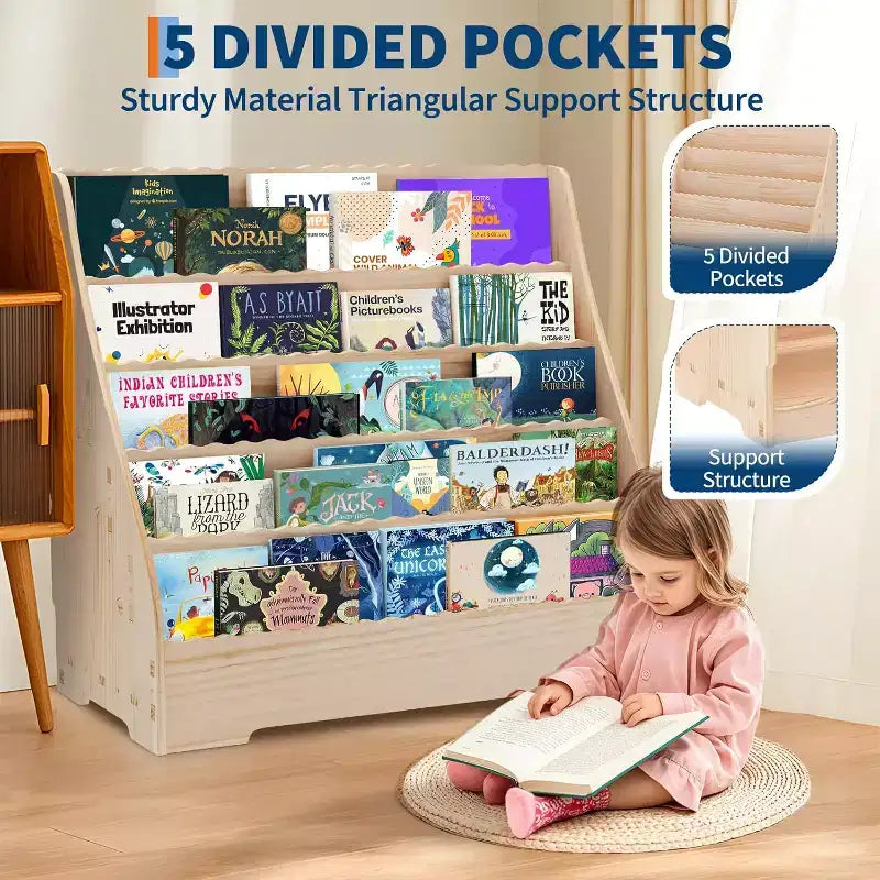 5-Tier Kids Bookshelf, Toddler Book Display Shelves with Deep Magazine Display Shelf, Children Storage Organizer for Nursery, Kids Bedroom