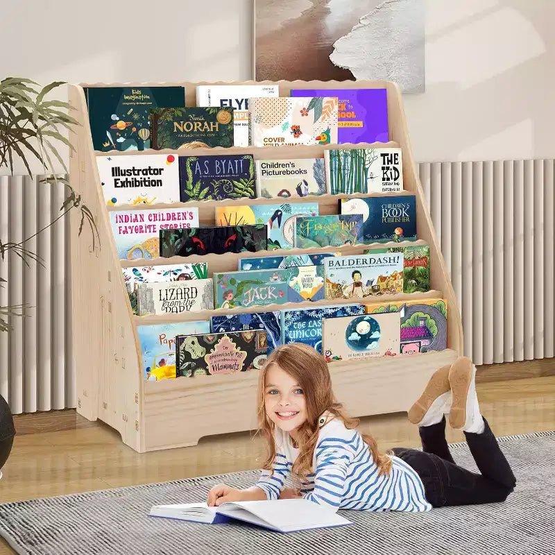 5-Tier Kids Bookshelf, Toddler Book Display Shelves with Deep Magazine Display Shelf, Children Storage Organizer for Nursery, Kids Bedroom