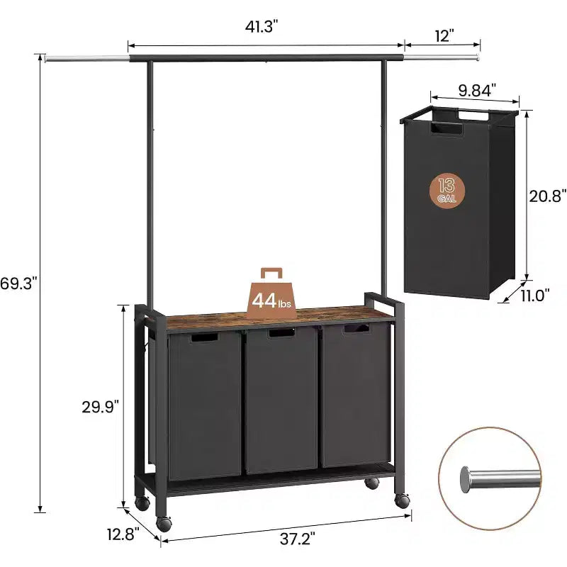 Laundry Sorter Cart with Hanging Rack & Utility Shelf Section Rolling Laundry Hamper with Lockable Wheels Laundry Basket Organizer for Laundry Room