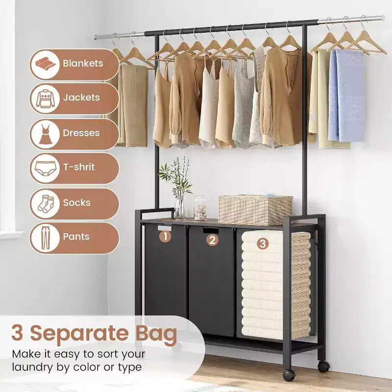 Laundry Sorter Cart with Hanging Rack & Utility Shelf Section Rolling Laundry Hamper with Lockable Wheels Laundry Basket Organizer for Laundry Room