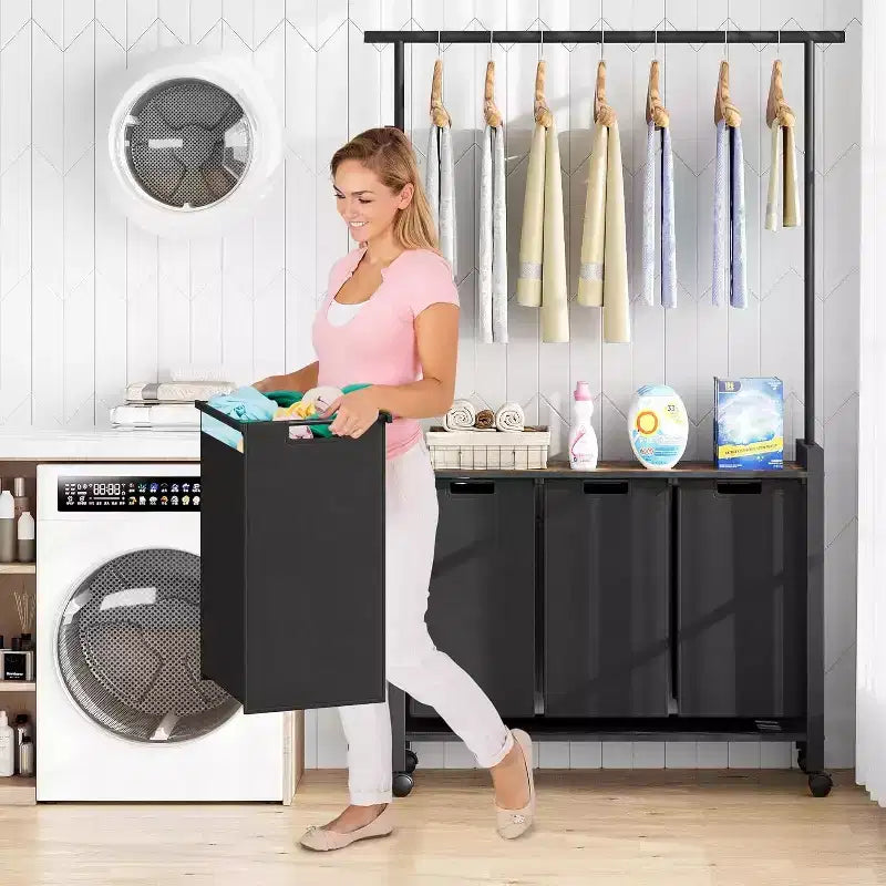 Laundry Sorter Cart with Hanging Rack & Utility Shelf Section Rolling Laundry Hamper with Lockable Wheels Laundry Basket Organizer for Laundry Room