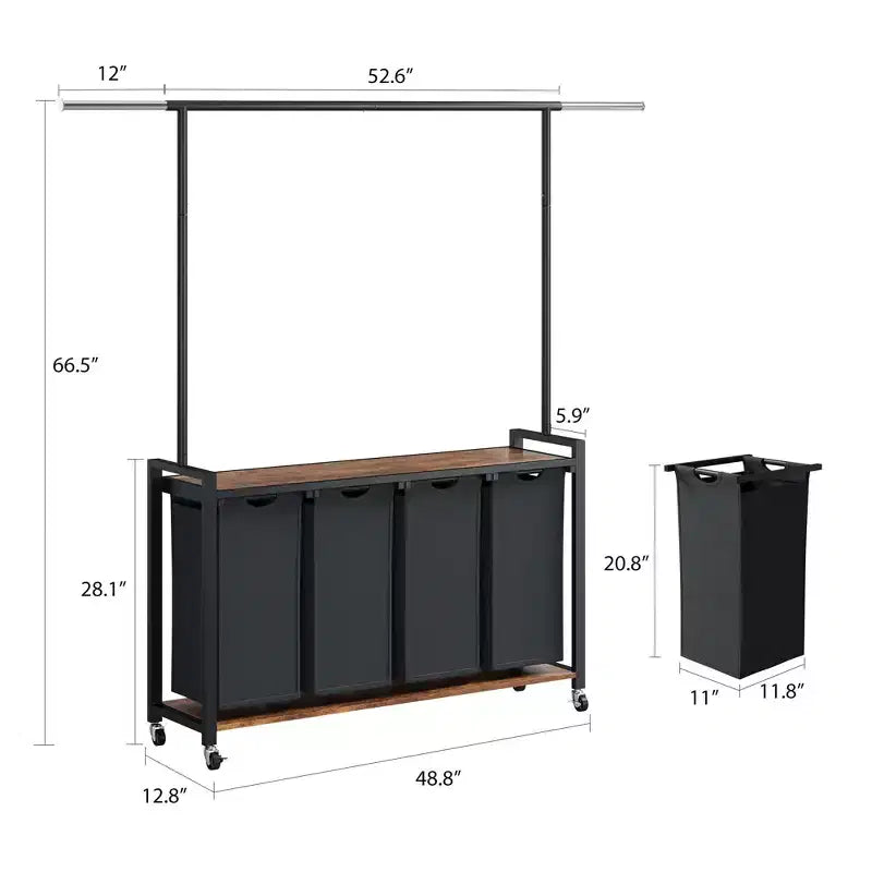 Laundry Sorter Cart with Hanging Rack & Utility Shelf Section Rolling Laundry Hamper with Lockable Wheels Laundry Basket Organizer for Laundry Room