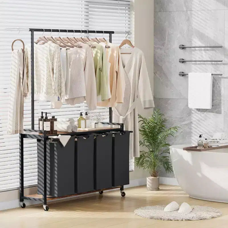 Laundry Sorter Cart with Hanging Rack & Utility Shelf Section Rolling Laundry Hamper with Lockable Wheels Laundry Basket Organizer for Laundry Room