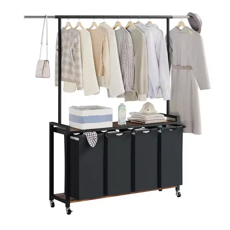 Laundry Sorter Cart with Hanging Rack & Utility Shelf Section Rolling Laundry Hamper with Lockable Wheels Laundry Basket Organizer for Laundry Room