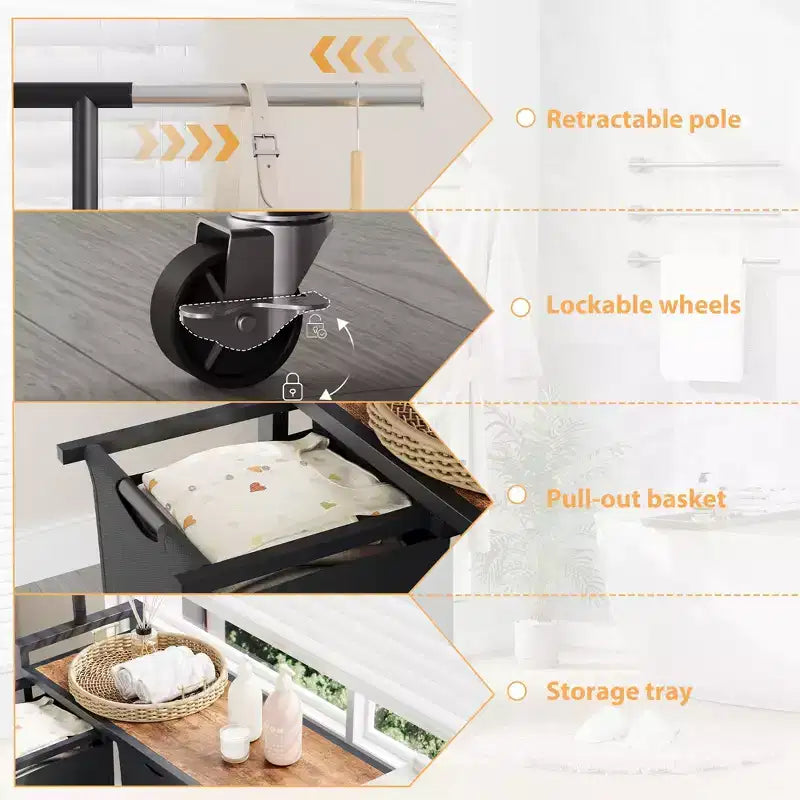 Laundry Sorter Cart with Hanging Rack & Utility Shelf Section Rolling Laundry Hamper with Lockable Wheels Laundry Basket Organizer for Laundry Room