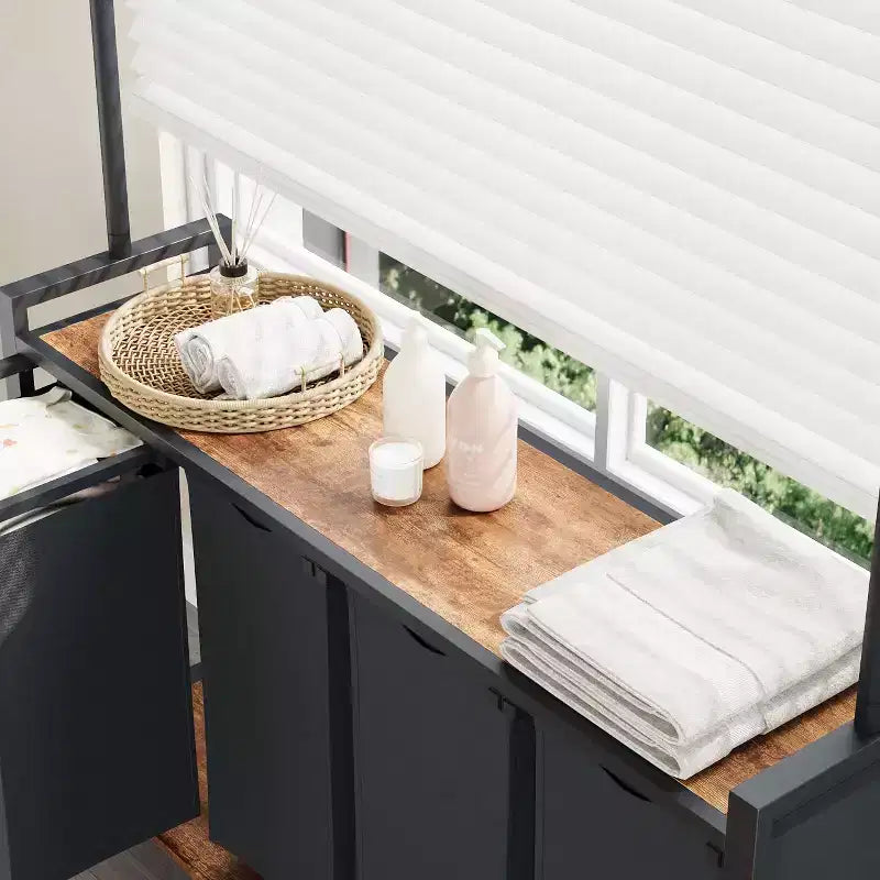 Laundry Sorter Cart with Hanging Rack & Utility Shelf Section Rolling Laundry Hamper with Lockable Wheels Laundry Basket Organizer for Laundry Room