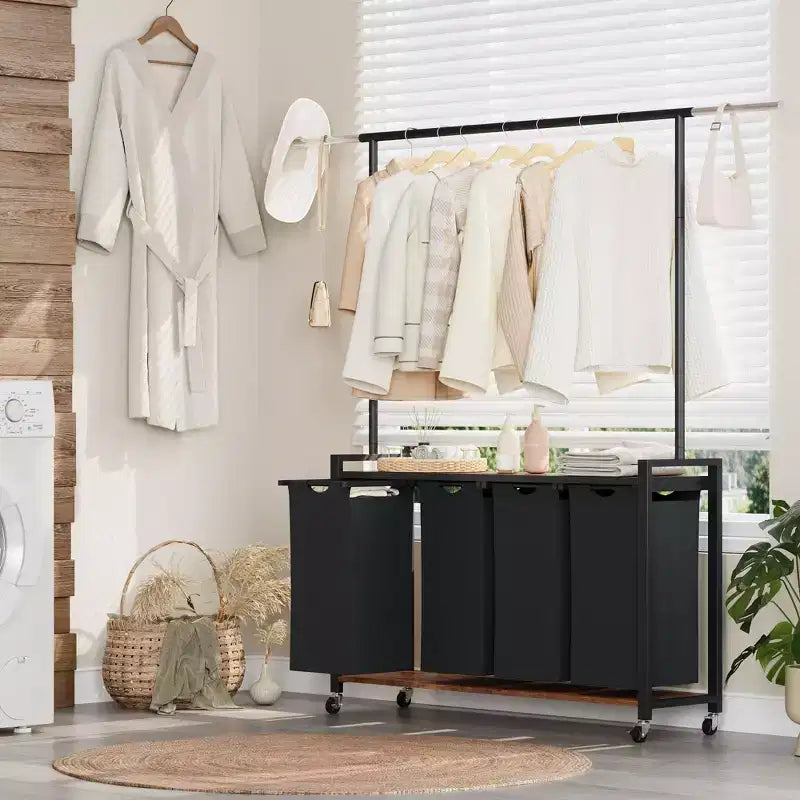 Laundry Sorter Cart with Hanging Rack & Utility Shelf Section Rolling Laundry Hamper with Lockable Wheels Laundry Basket Organizer for Laundry Room