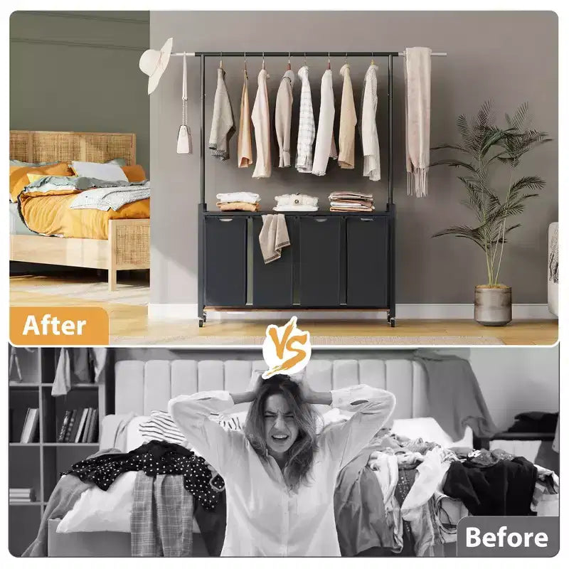 Laundry Sorter Cart with Hanging Rack & Utility Shelf Section Rolling Laundry Hamper with Lockable Wheels Laundry Basket Organizer for Laundry Room