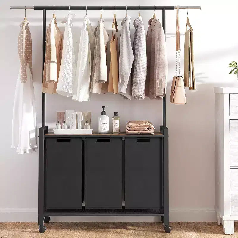 Laundry Sorter Cart with Hanging Rack & Utility Shelf Section Rolling Laundry Hamper with Lockable Wheels Laundry Basket Organizer for Laundry Room