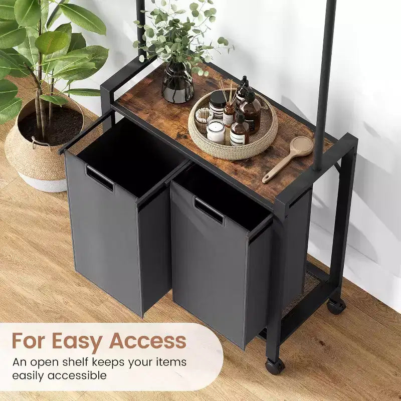Laundry Sorter Cart with Hanging Rack & Utility Shelf Section Rolling Laundry Hamper with Lockable Wheels Laundry Basket Organizer for Laundry Room
