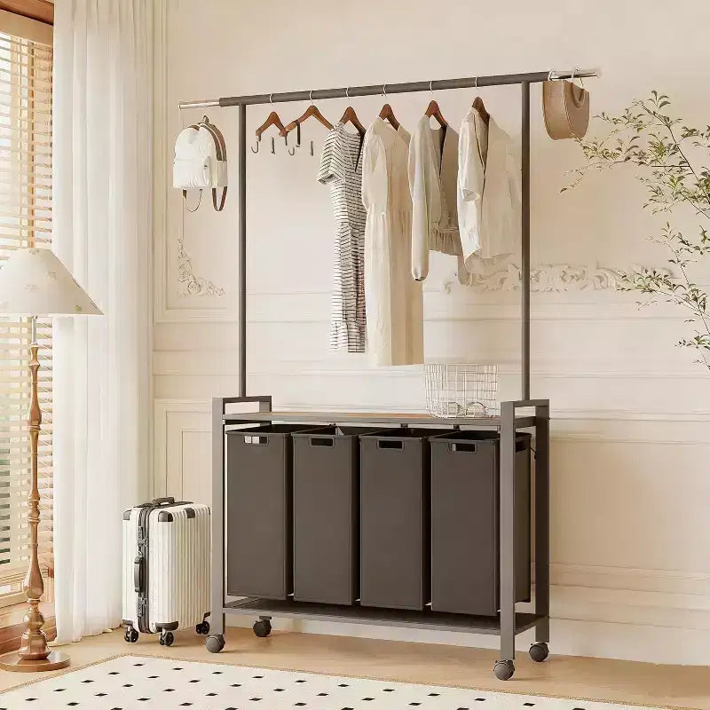 Laundry Sorter Cart with Hanging Rack & Utility Shelf Section Rolling Laundry Hamper with Lockable Wheels Laundry Basket Organizer for Laundry Room