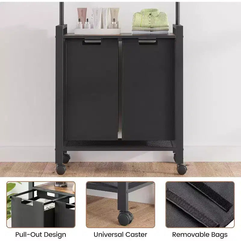Laundry Sorter Cart with Hanging Rack & Utility Shelf Section Rolling Laundry Hamper with Lockable Wheels Laundry Basket Organizer for Laundry Room