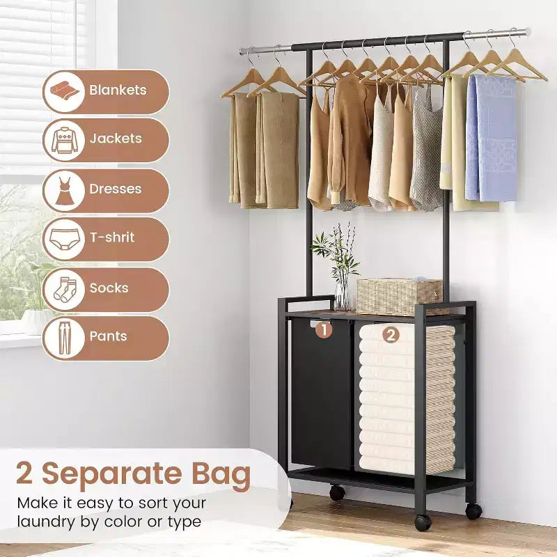 Laundry Sorter Cart with Hanging Rack & Utility Shelf Section Rolling Laundry Hamper with Lockable Wheels Laundry Basket Organizer for Laundry Room