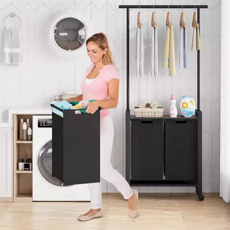 Laundry Sorter Cart with Hanging Rack & Utility Shelf Section Rolling Laundry Hamper with Lockable Wheels Laundry Basket Organizer for Laundry Room