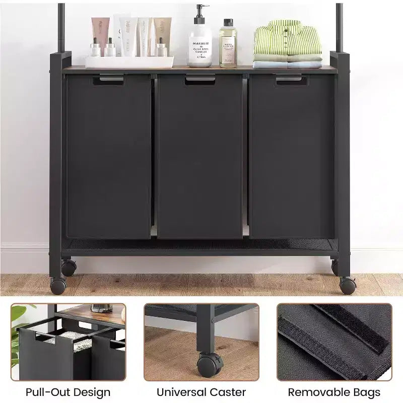 Laundry Sorter Cart with Hanging Rack & Utility Shelf Section Rolling Laundry Hamper with Lockable Wheels Laundry Basket Organizer for Laundry Room