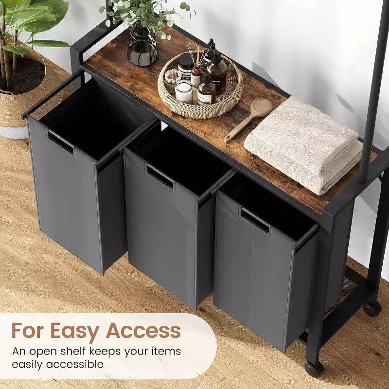 Laundry Sorter Cart with Hanging Rack & Utility Shelf Section Rolling Laundry Hamper with Lockable Wheels Laundry Basket Organizer for Laundry Room