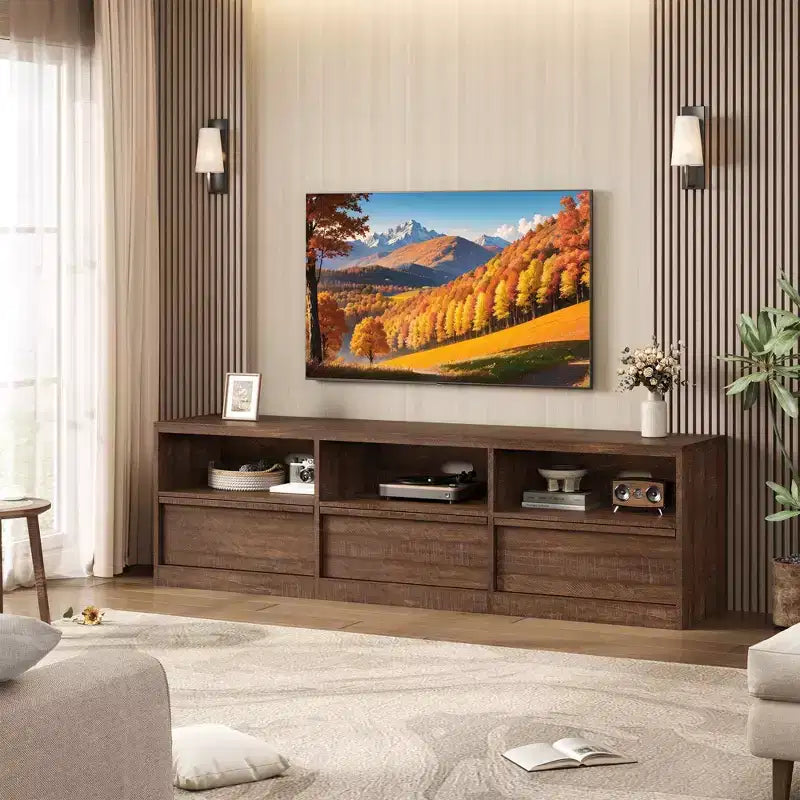 70 Inch TV Stand for 80" TVs, Mid-Century Modern Storage Drawer with Open Shelves, Wood Media Console Cabinet for Living Room/Bedroom, Vintage
