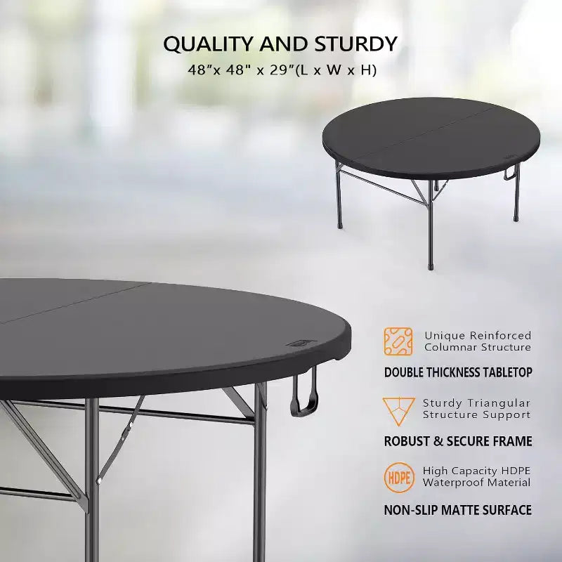 5 FT Black Round Bi-Folding Commercial Table, 60 Inch Portable Plastic Dining Card Table for Kitchen Party Wedding Event