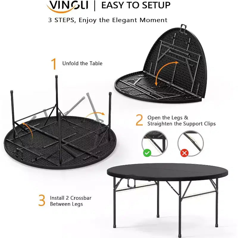 5 FT Black Round Bi-Folding Commercial Table, 60 Inch Portable Plastic Dining Card Table for Kitchen Party Wedding Event