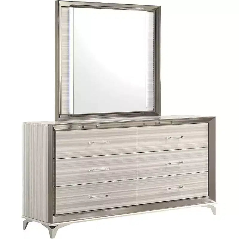 White Mirror with LED Frame, Luxurious Modern Bedroom Accent with Chrome Detailing