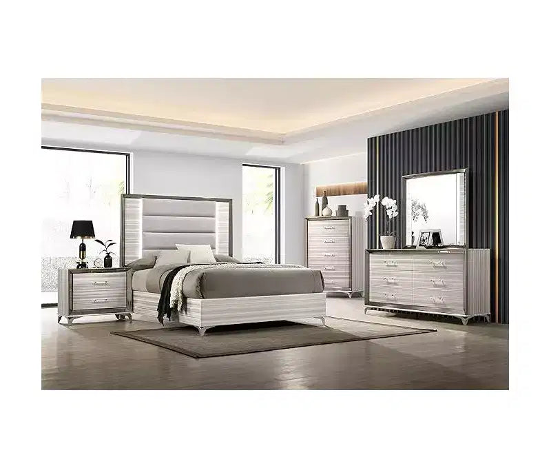 White Mirror with LED Frame, Luxurious Modern Bedroom Accent with Chrome Detailing