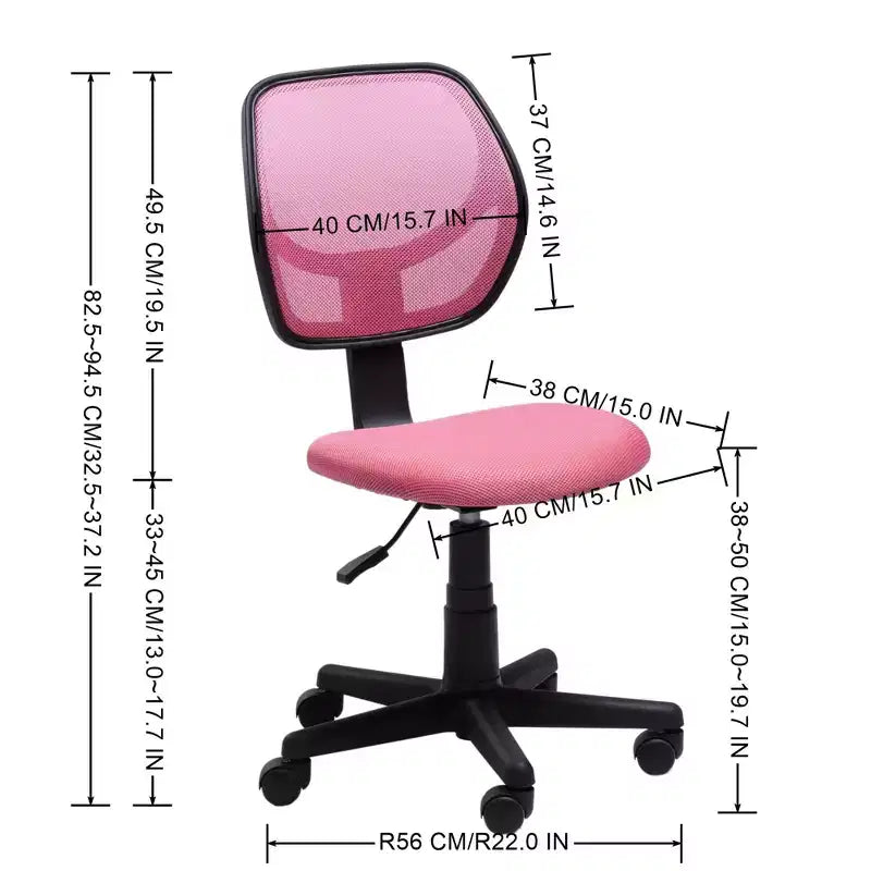 Desk Chair Mesh Armless, Ergonomic Adjustable Mid-Back Compact Rolling Swivel Computer Task Chair for Home Office Study Work, Pink