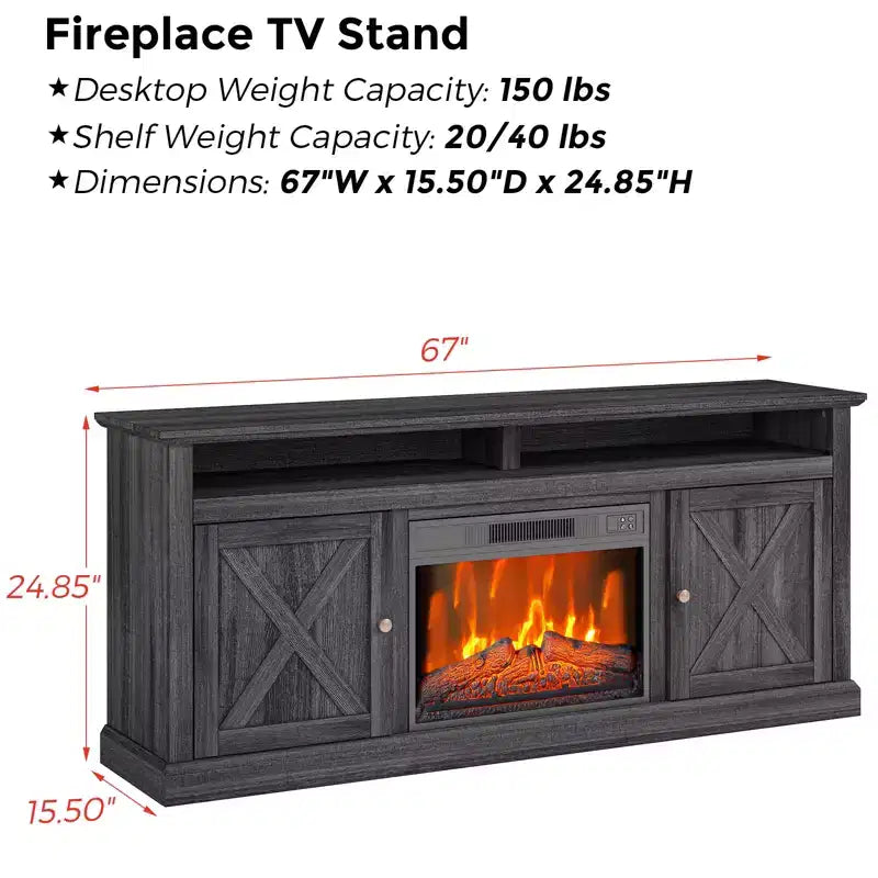 67" Farmhouse TV Stand with 23" Electric Fireplace Heater, Black Media Console with 2 Cabinets & Open Shelves for Living Room