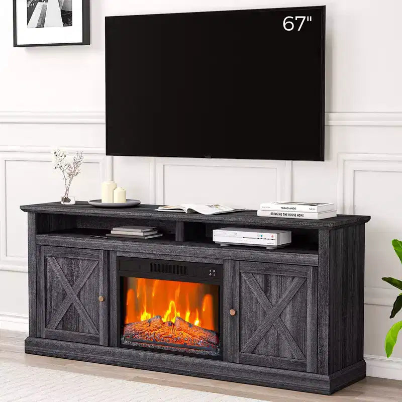 67" Farmhouse TV Stand with 23" Electric Fireplace Heater, Black Media Console with 2 Cabinets & Open Shelves for Living Room