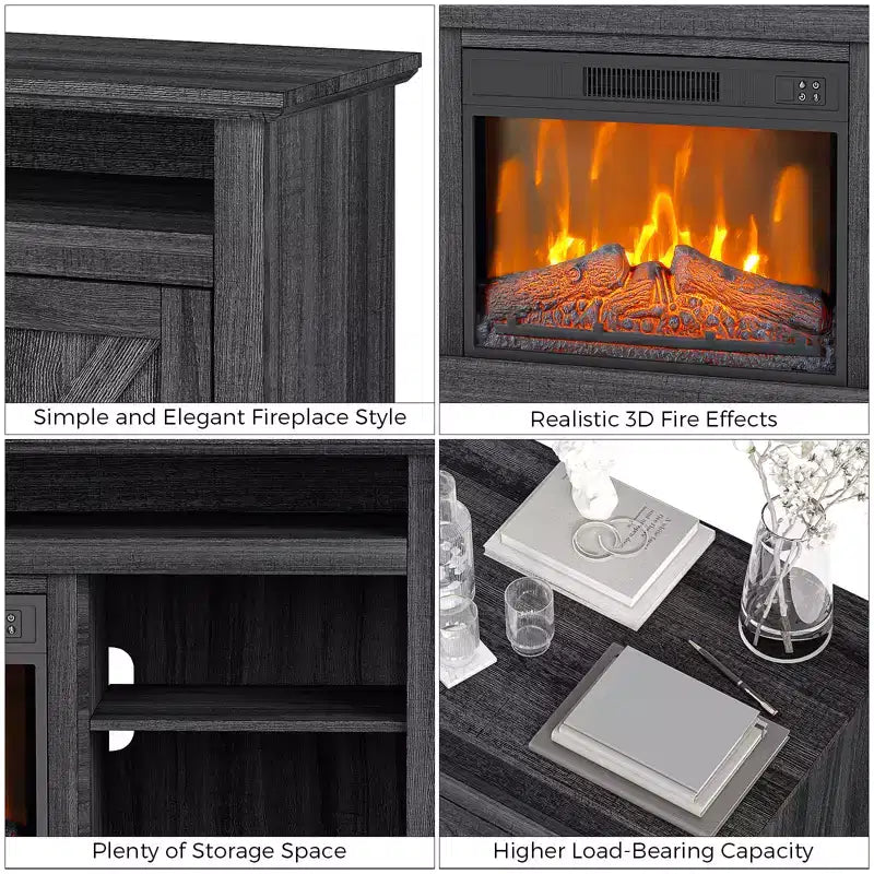 67" Farmhouse TV Stand with 23" Electric Fireplace Heater, Black Media Console with 2 Cabinets & Open Shelves for Living Room