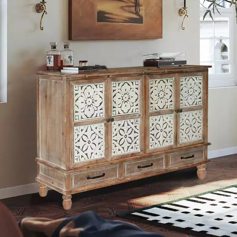 Rustic Fir Wood 59.05'' Storage Sideboard Cabinet with 3 Drawers