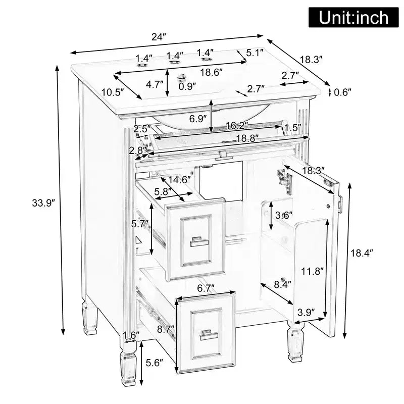 24" Solid Wood Bathroom Vanity with Sink and Adjustable Shelf