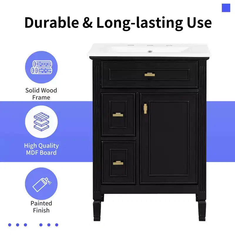 24" Solid Wood Bathroom Vanity with Sink and Adjustable Shelf