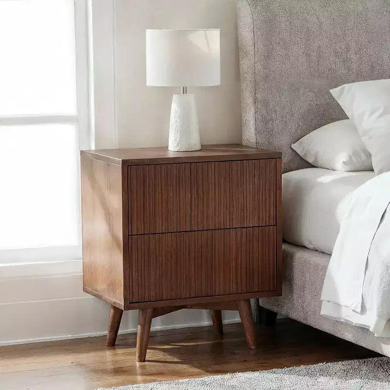 Modern Boho 2-Drawer Nightstand with Solid Wood & Contemporary Fluted Fronts