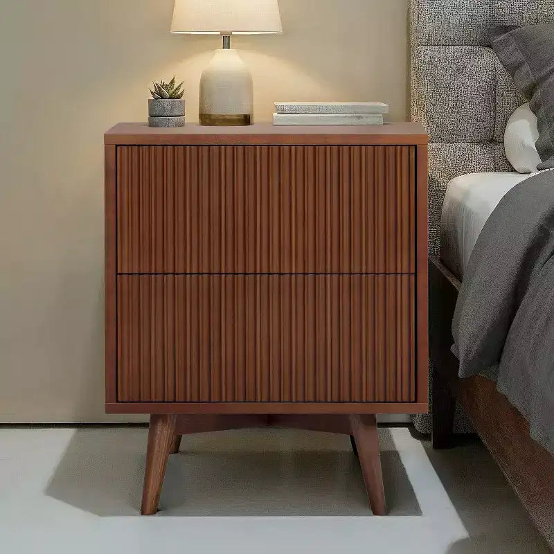 Modern Boho 2-Drawer Nightstand with Solid Wood & Contemporary Fluted Fronts