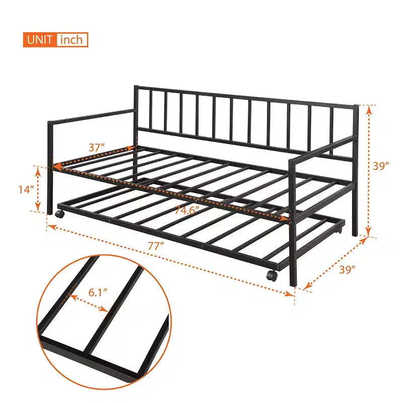 Metal Twin Size Daybed with Trundle, Metal Lounge Daybed Frame with Pull out Trundle for Living Room, Black