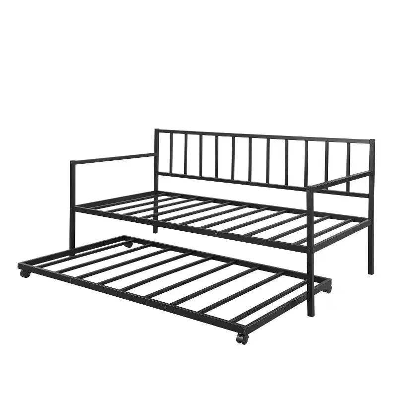 Metal Twin Size Daybed with Trundle, Metal Lounge Daybed Frame with Pull out Trundle for Living Room, Black
