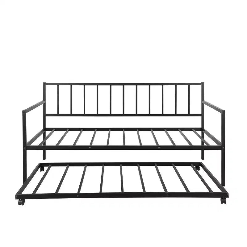 Metal Twin Size Daybed with Trundle, Metal Lounge Daybed Frame with Pull out Trundle for Living Room, Black