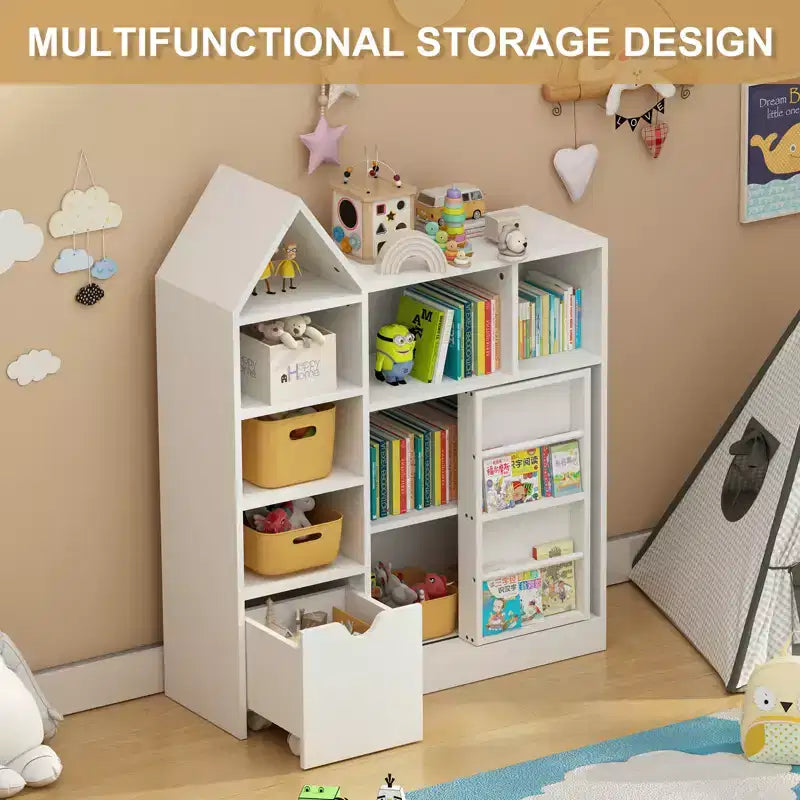 Kids Bookshelf with Movable Drawer, 7 Storage Cubbies Bookcase, Kids Storage Organizer Cabinet for Playroom Nursery Classroom