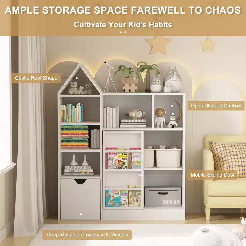 Kids Bookshelf with Movable Drawer, 7 Storage Cubbies Bookcase, Kids Storage Organizer Cabinet for Playroom Nursery Classroom