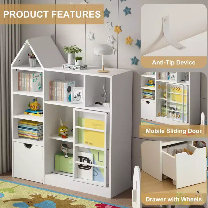 Kids Bookshelf with Movable Drawer, 7 Storage Cubbies Bookcase, Kids Storage Organizer Cabinet for Playroom Nursery Classroom