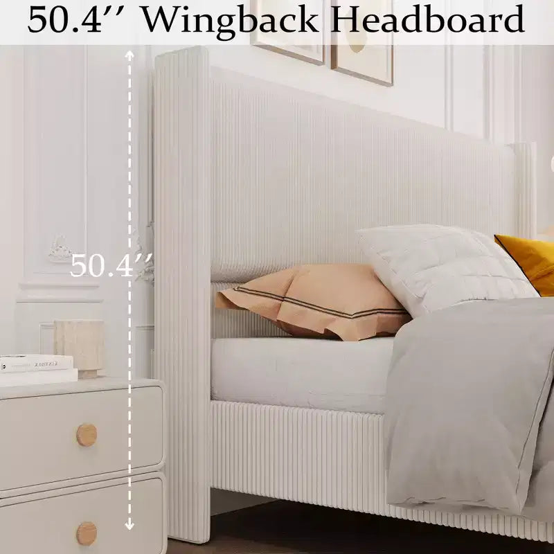 Corduroy Upholstered Bed Frame, Vertical Channel Tufted Wingback Headboard, Wood Slats Support, Noise Free, Easy Assembly