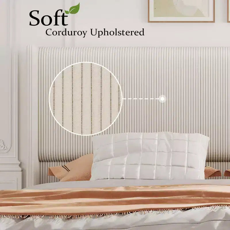 Corduroy Upholstered Bed Frame, Vertical Channel Tufted Wingback Headboard, Wood Slats Support, Noise Free, Easy Assembly