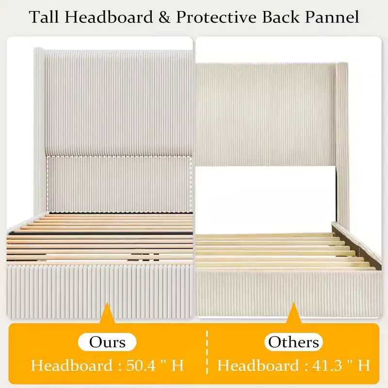 Corduroy Upholstered Bed Frame, Vertical Channel Tufted Wingback Headboard, Wood Slats Support, Noise Free, Easy Assembly
