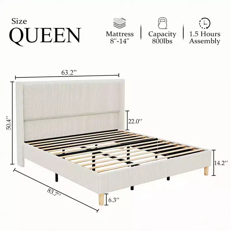 Corduroy Upholstered Bed Frame, Vertical Channel Tufted Wingback Headboard, Wood Slats Support, Noise Free, Easy Assembly