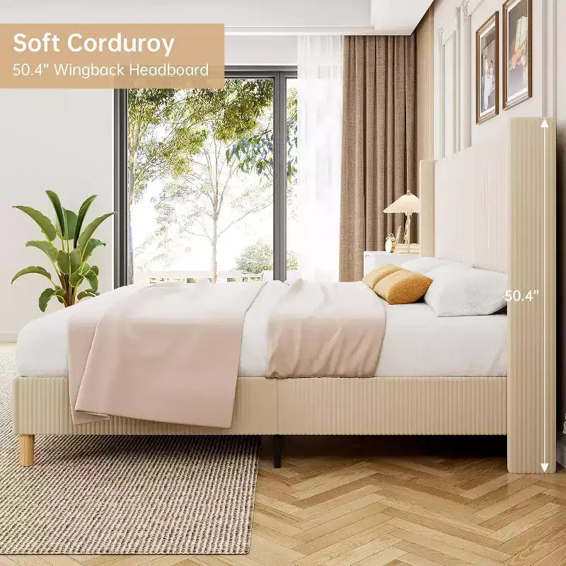 Corduroy Upholstered Bed Frame, Vertical Channel Tufted Wingback Headboard, Wood Slats Support, Noise Free, Easy Assembly