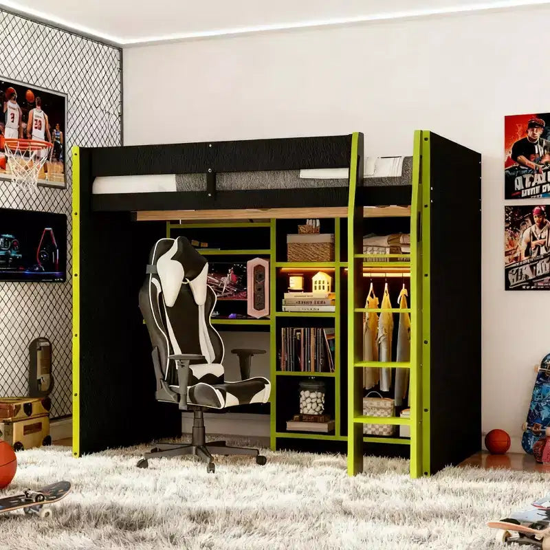 Gaming Loft Bed with Desk, RGB Lights & Storage, Full Size Space-Saving Bed for Teens and Adults