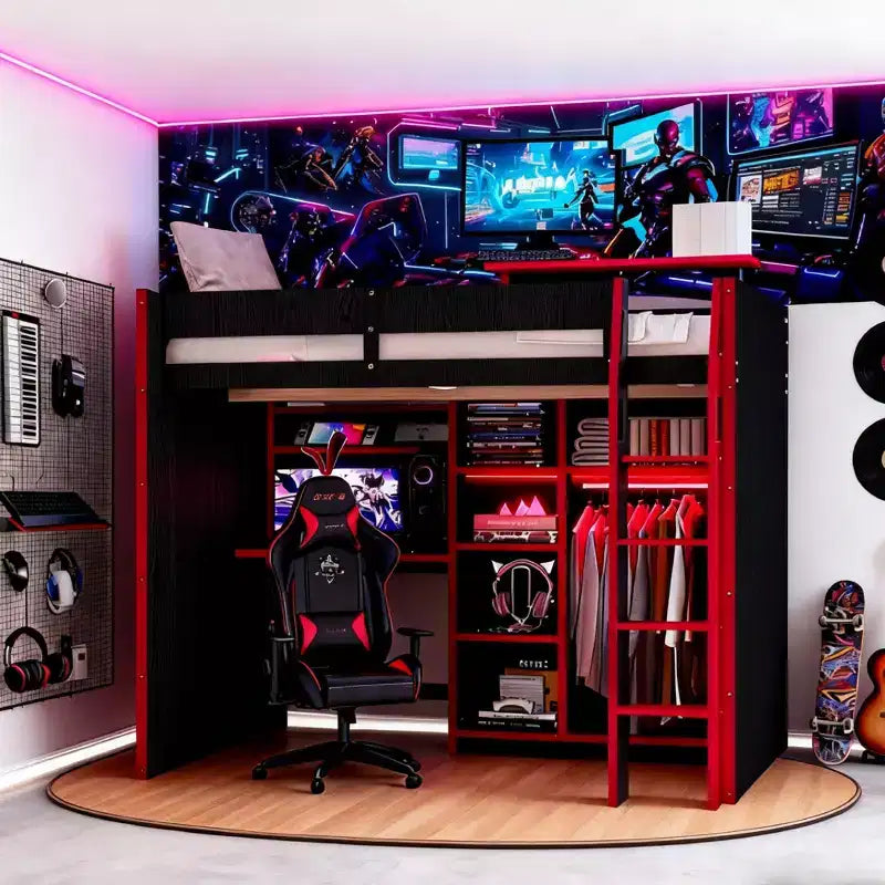 Gaming Loft Bed with Desk, RGB Lights & Storage, Full Size Space-Saving Bed for Teens and Adults